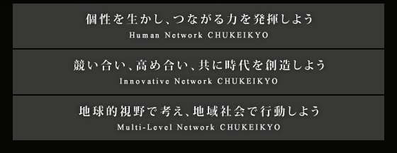 個性を生かし、つながる力を発揮しようHuman Network CHUKEIKYO、競い合い、高め合い、共に時代を創造しようInnovative Network CHUKEIKYO、地球的視野で考え、地域社会で行動しようMulti-Level Network CHUKEIKYO